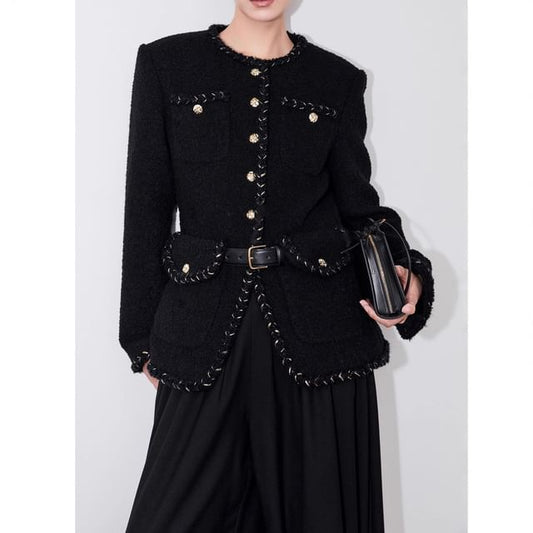 Crew Neck Braided Trim Button-Up Tweed Slit Jacket