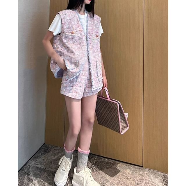 V-Neck Fringed Open Front Tweed Vest / Sleeveless Notch Neck Mini Shift Dress / High Rise Mini A-Line Skirt / Shorts