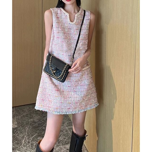 V-Neck Fringed Open Front Tweed Vest / Sleeveless Notch Neck Mini Shift Dress / High Rise Mini A-Line Skirt / Shorts