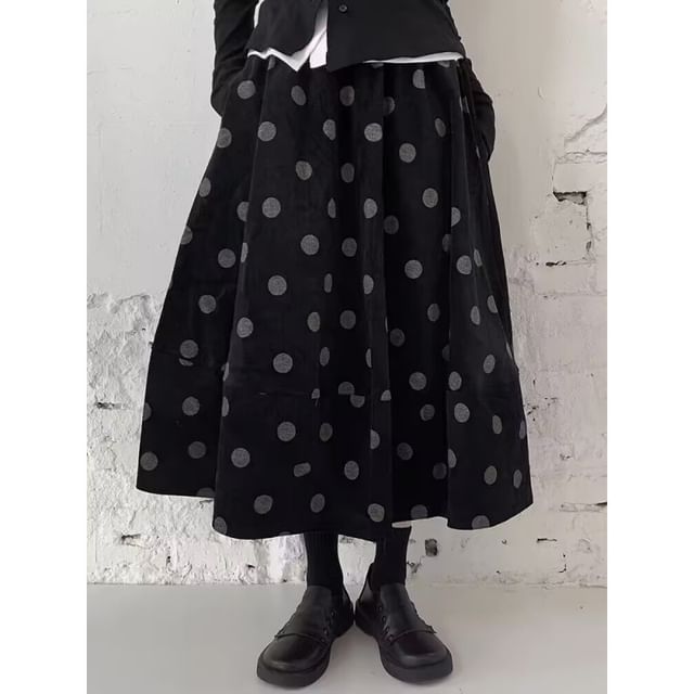 Dotted Corduroy Midi A-Line Skirt with High Rise