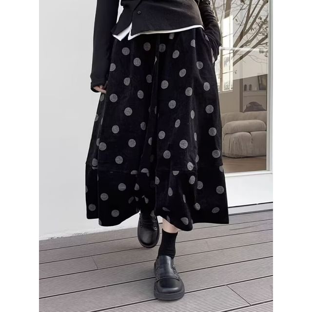 Dotted Corduroy Midi A-Line Skirt with High Rise