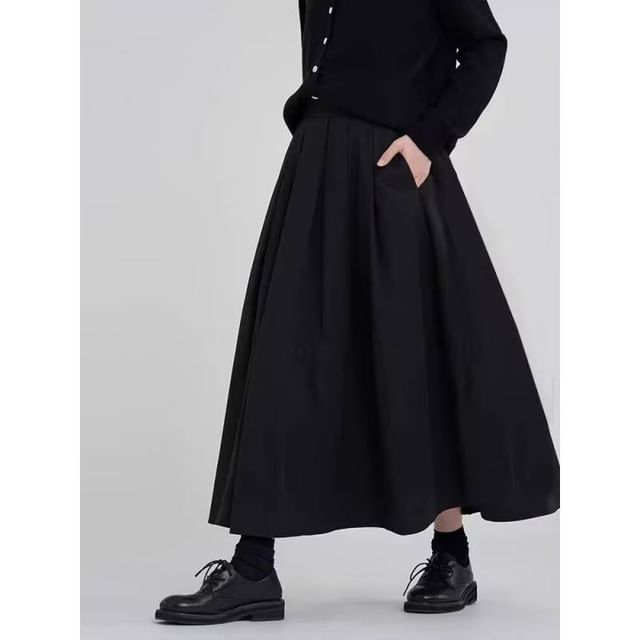 Elastic Waist Plain Midi A-Line Skirt