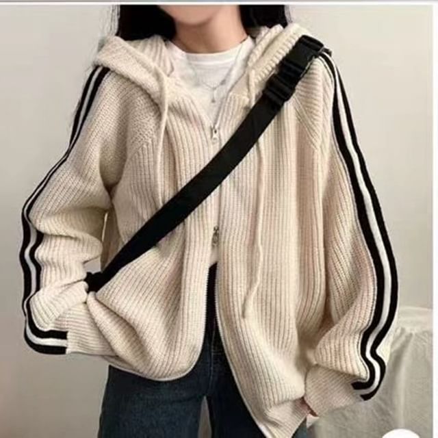 Striped Hooded Ribbed Zip Cardigan
