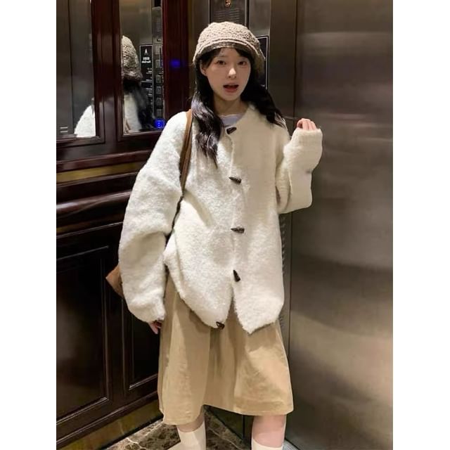 Round Neck Plain Toggle Cardigan