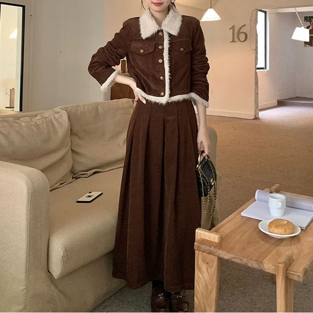 Collar Fleece-Lined Corduroy Cropped Jacket and Pleated Midi A-Line Skirt Set