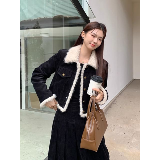 Collar Fleece-Lined Corduroy Cropped Jacket and Pleated Midi A-Line Skirt Set