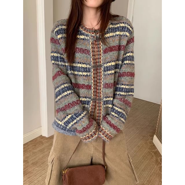 Round Neck Striped Hook and Eye Cardigan