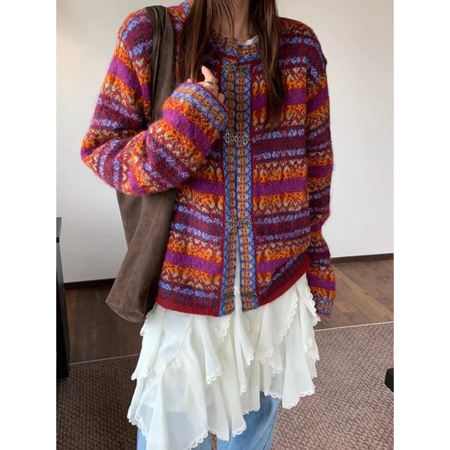 Round Neck Striped Hook and Eye Cardigan