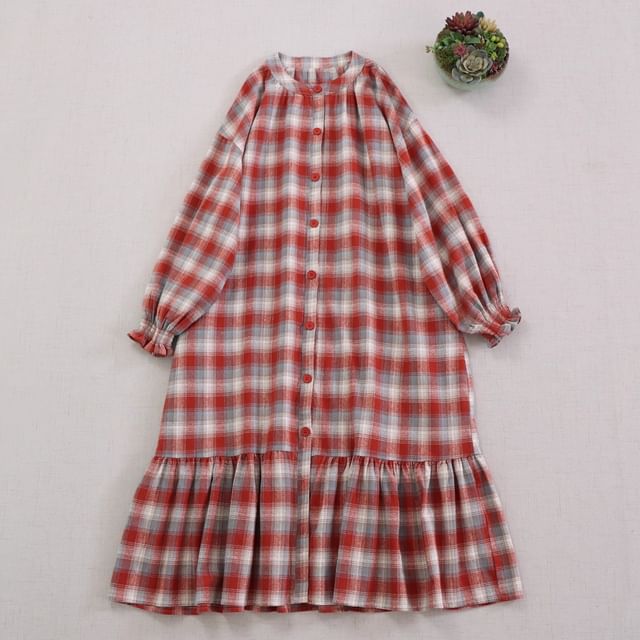Long-Sleeve Crew Neck Plaid Button-Up Maxi Tunic Dress