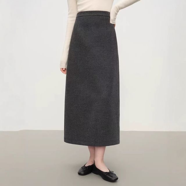 Melange Midi Straight Knit Skirt with High Waist