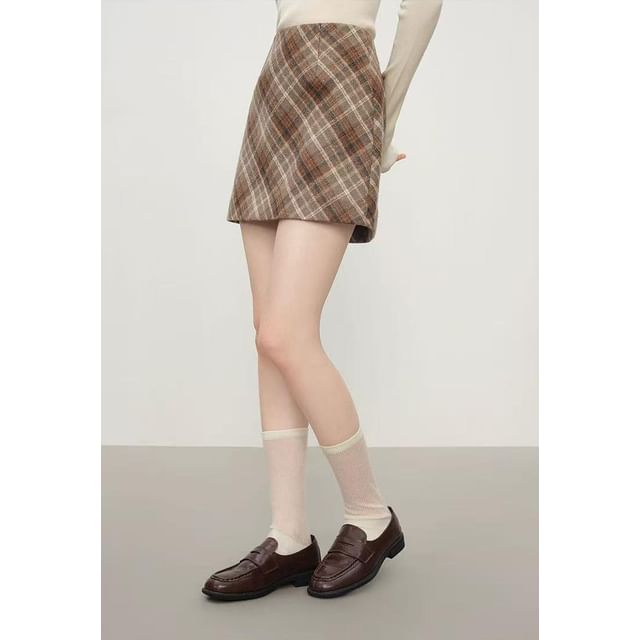 Plaid Mini A-Line Skirt with High Waist
