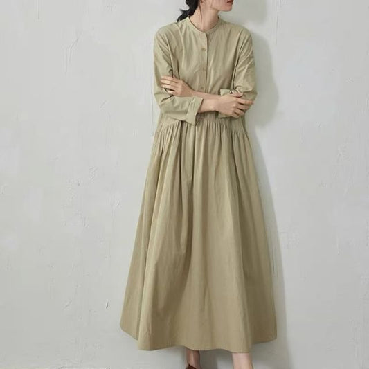 Long Sleeve Band Collar Plain Gathered Button Maxi A-Line Dress