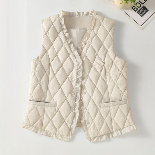 Plain V-Neck Ruffle Quilted Button Vest