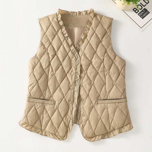 Plain V-Neck Ruffle Quilted Button Vest