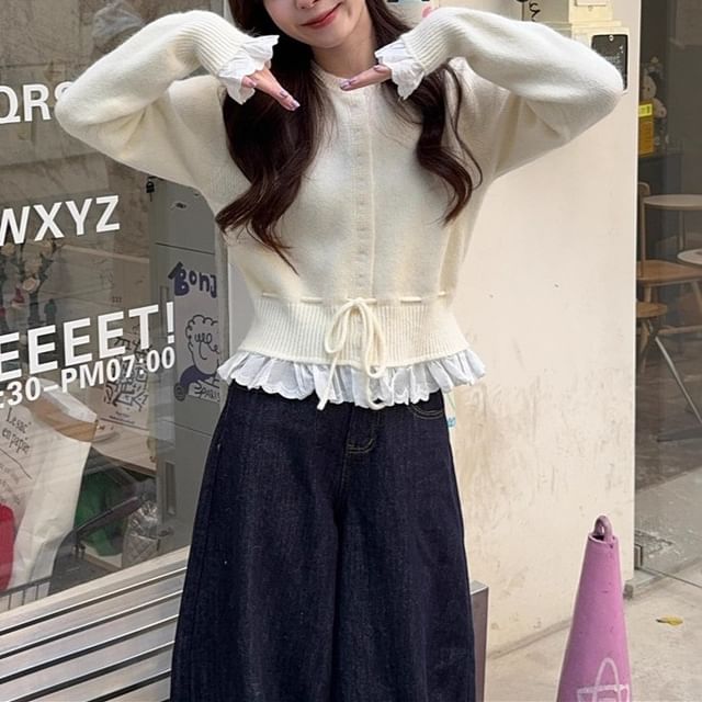 Round Neck Ruffle Panel Drawstring Cardigan