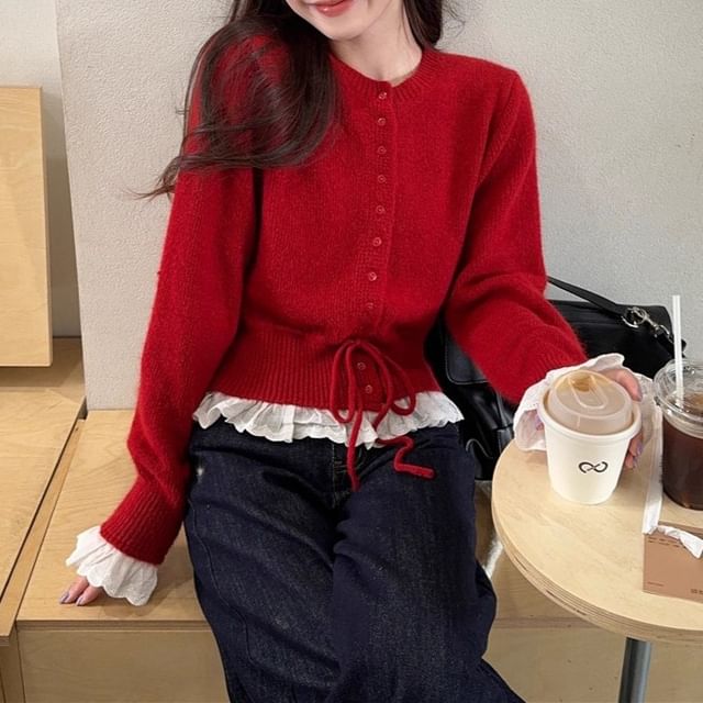 Round Neck Ruffle Panel Drawstring Cardigan