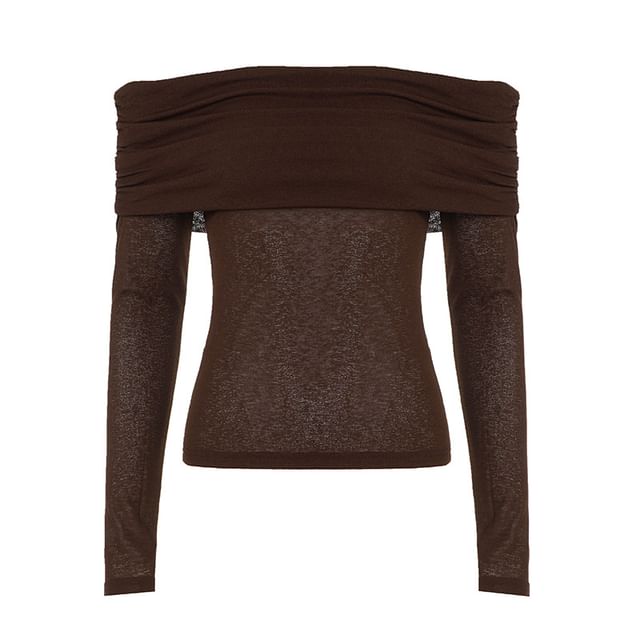 Off-Shoulder Plain Slim-Fit Top with Long Sleeves
