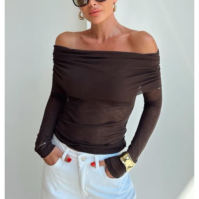 Off-Shoulder Plain Slim-Fit Top with Long Sleeves