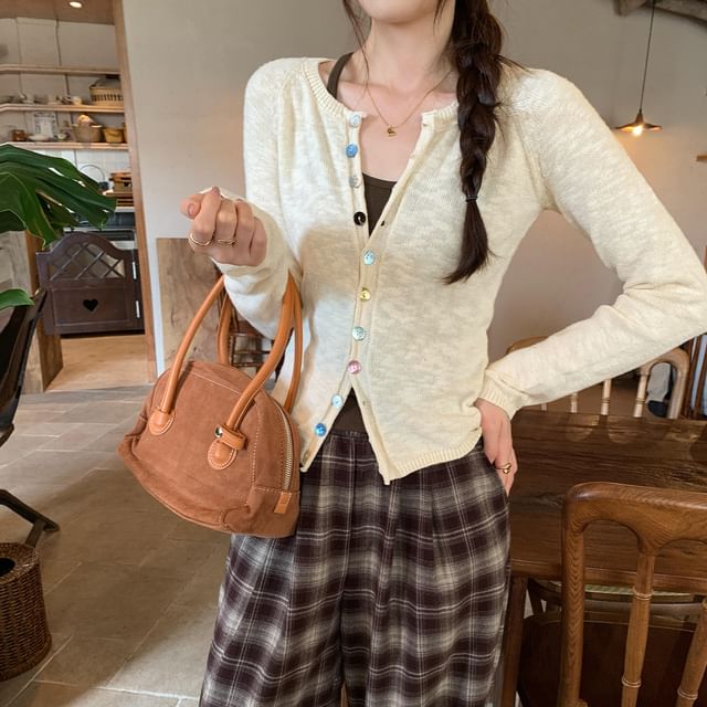Crew Neck Button-Up Plain Sheer Crop Cardigan