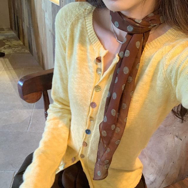 Crew Neck Button-Up Plain Sheer Crop Cardigan