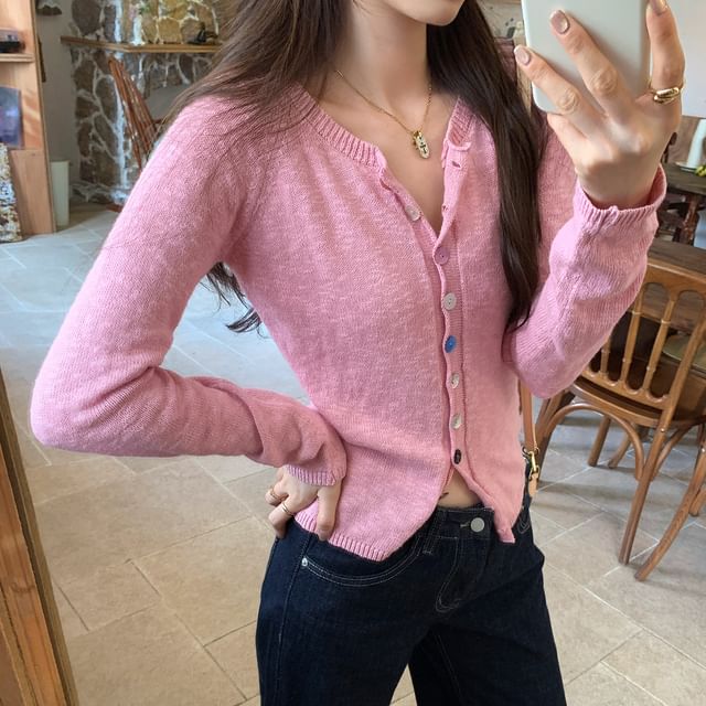 Crew Neck Button-Up Plain Sheer Crop Cardigan