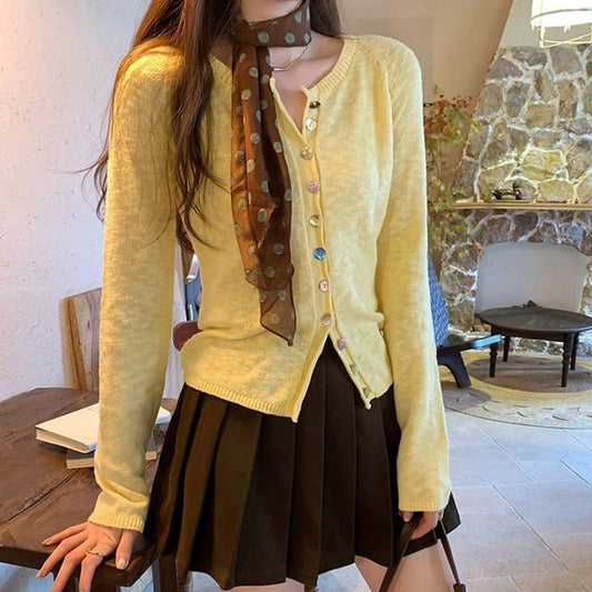 Crew Neck Button-Up Plain Sheer Crop Cardigan