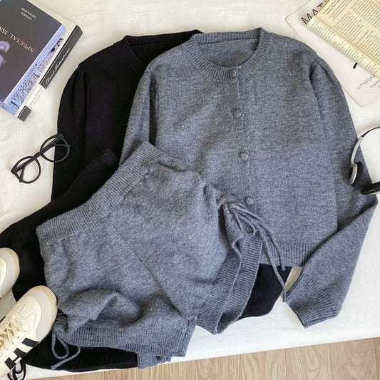 Set: Round Neck Plain Cardigan + High Waist Drawstring Knit Shorts