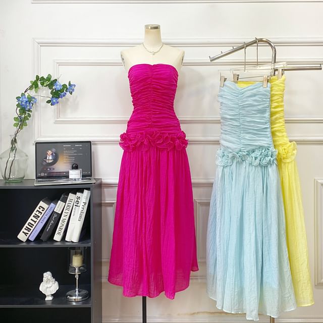 Plain Ruched Ruffle Maxi A-Line Tube Dress