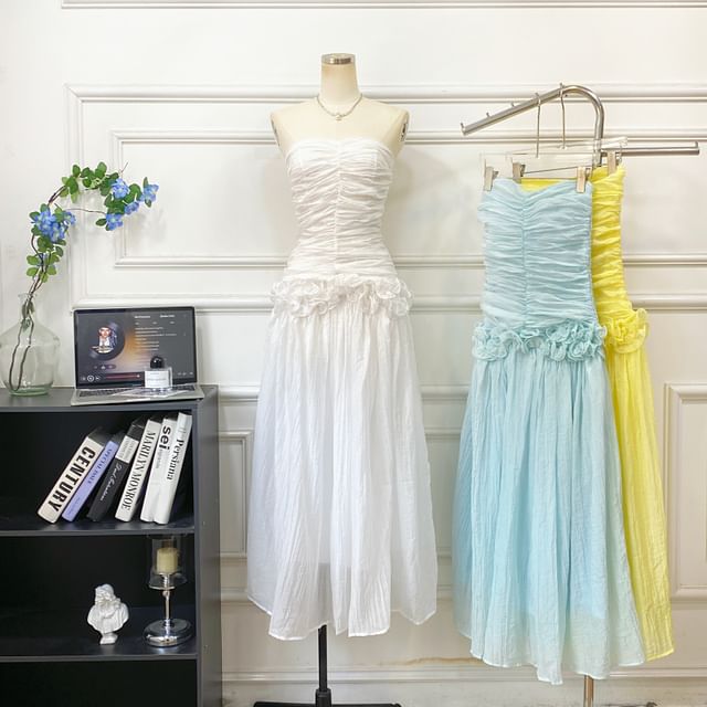 Plain Ruched Ruffle Maxi A-Line Tube Dress