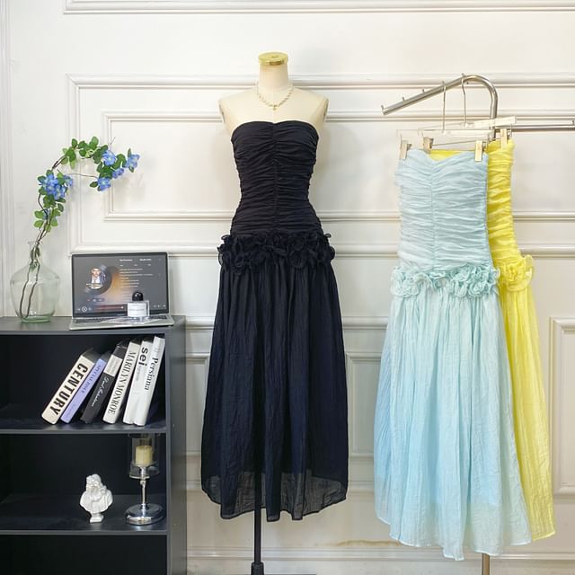 Plain Ruched Ruffle Maxi A-Line Tube Dress