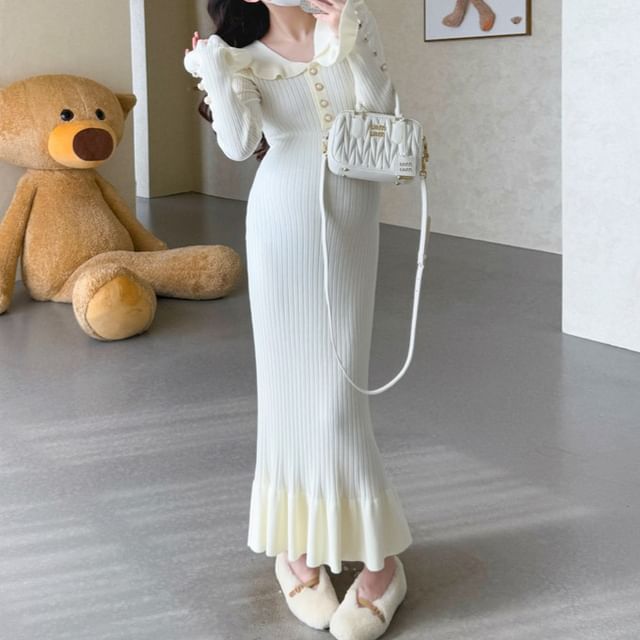 Maternity Long Sleeve Collared Plain Ruffle Faux Pearl Button Ribbed Knit Maxi Mermaid Dress