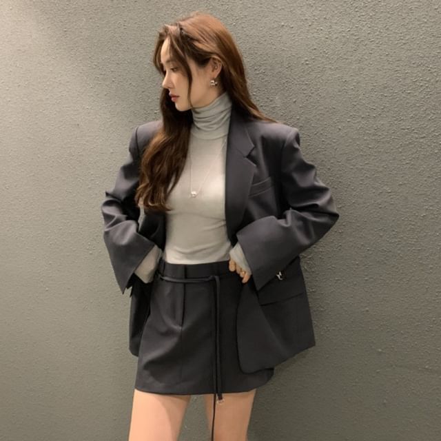 Notch Lapel Belted Blazer with High Waist Mini Pencil Skirt