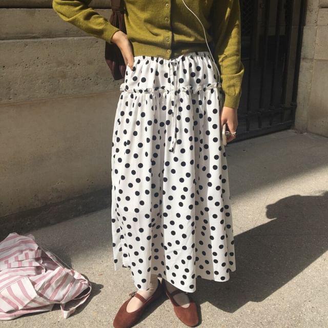 Dotted Frill Midi A-Line Skirt with Elastic Waist