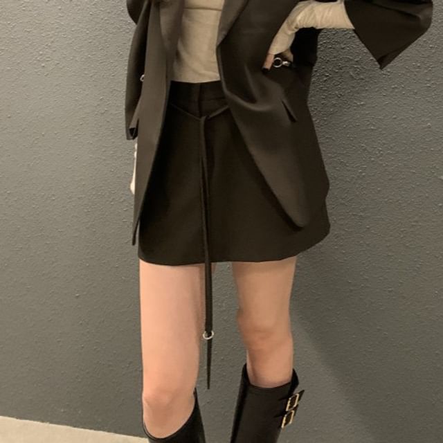 Notch Lapel Belted Blazer with High Waist Mini Pencil Skirt