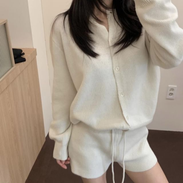 Set: Crew Neck Button-Up Plain Cardigan + Drawstring Waist Hot Pants