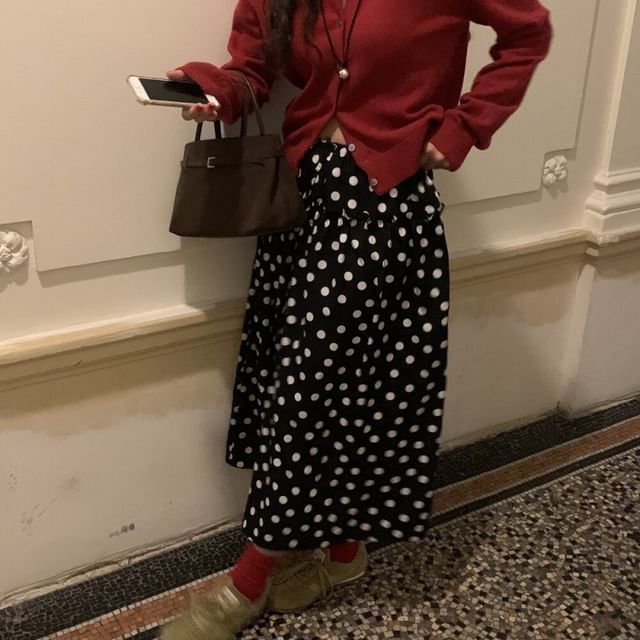 Dotted Frill Midi A-Line Skirt with Elastic Waist