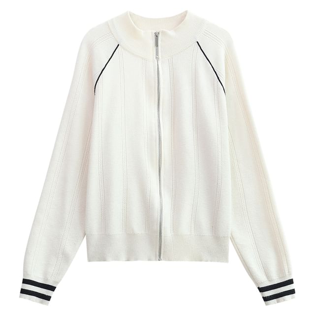 Stand Collar Contrast Trim Zip-Up Cardigan
