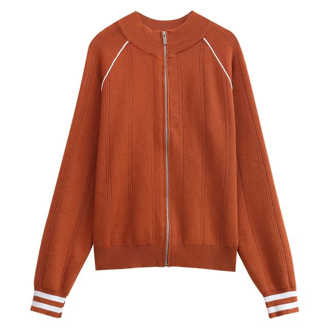 Stand Collar Contrast Trim Zip-Up Cardigan