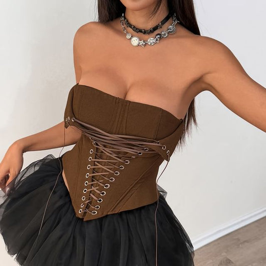 Lace-Up Corset Tube Top with Solid Design