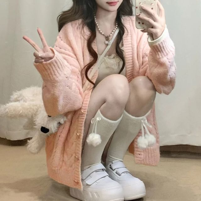 V-Neck Plain Cable Knit Cardigan