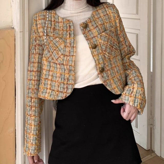 Crew Neck Plaid Button-Up Tweed Crop Jacket