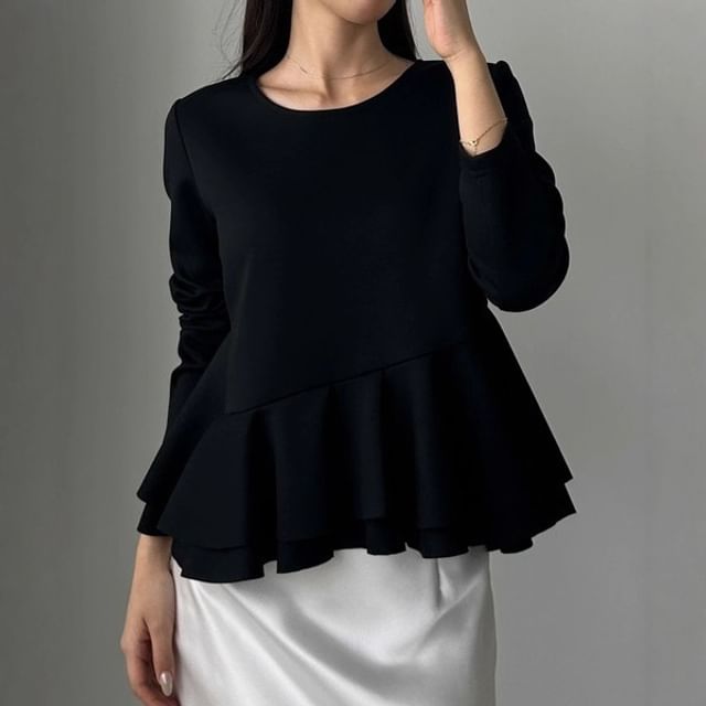 Round Neck Plain Peplum Sweatshirt