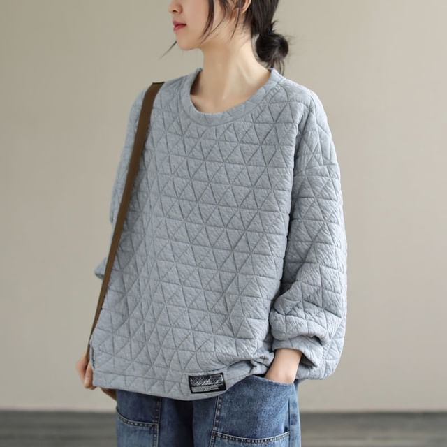 Crew Neck Plain Quilted Pullover Sweater