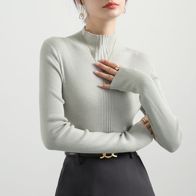 Long Sleeve Mock Neck Plain Ribbed Knit Shirt