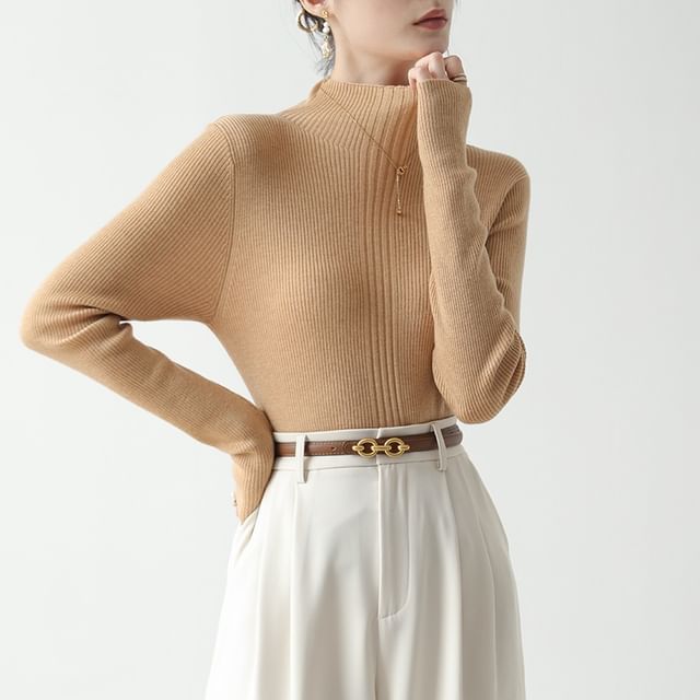 Long Sleeve Mock Neck Plain Ribbed Knit Shirt