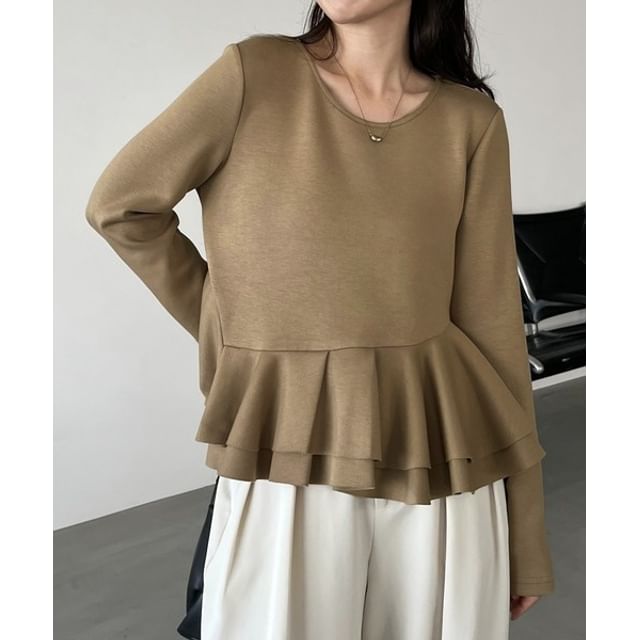 Round Neck Plain Peplum Sweatshirt