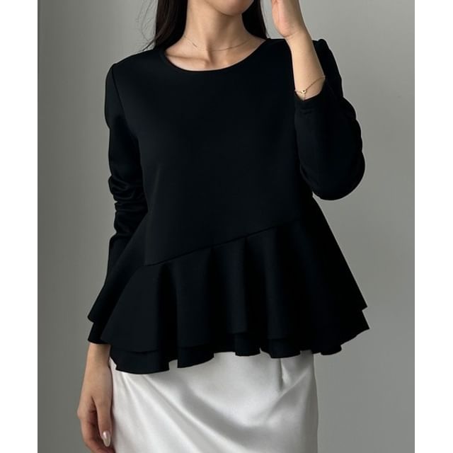 Round Neck Plain Peplum Sweatshirt