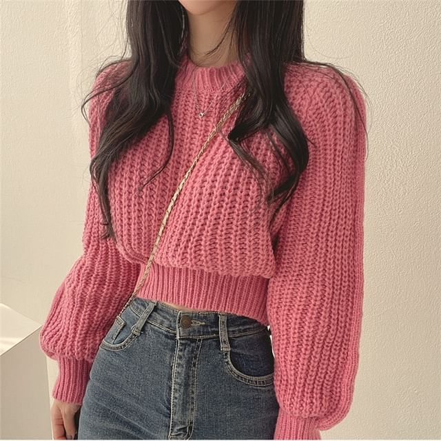 Crew Neck Plain Chunky Knit Cropped Sweater