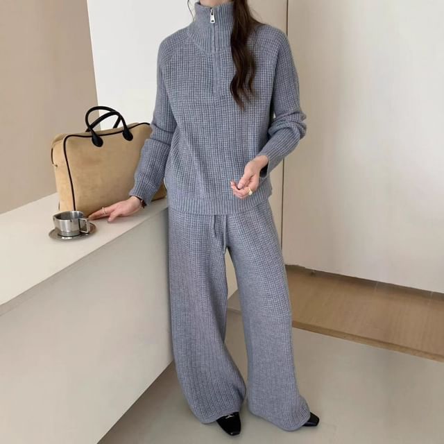 Stand Collar Half-Zip Sweater with Drawstring Wide Leg Pants Set