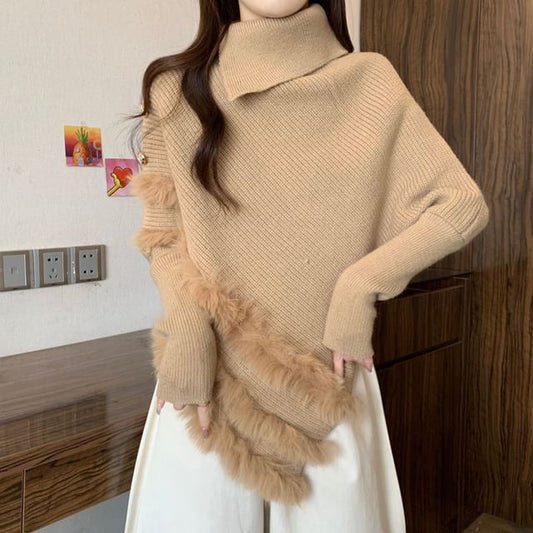 Fluffy Panel Turtleneck Asymmetrical Knit Top Long Sleeve